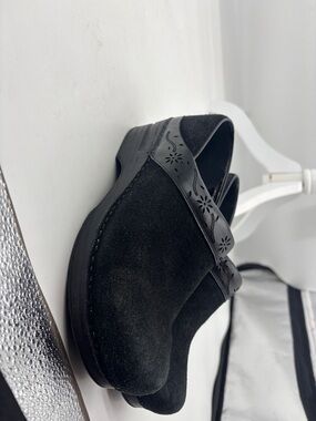 Dansko Black Suede Clogs with Floral Leather Accent